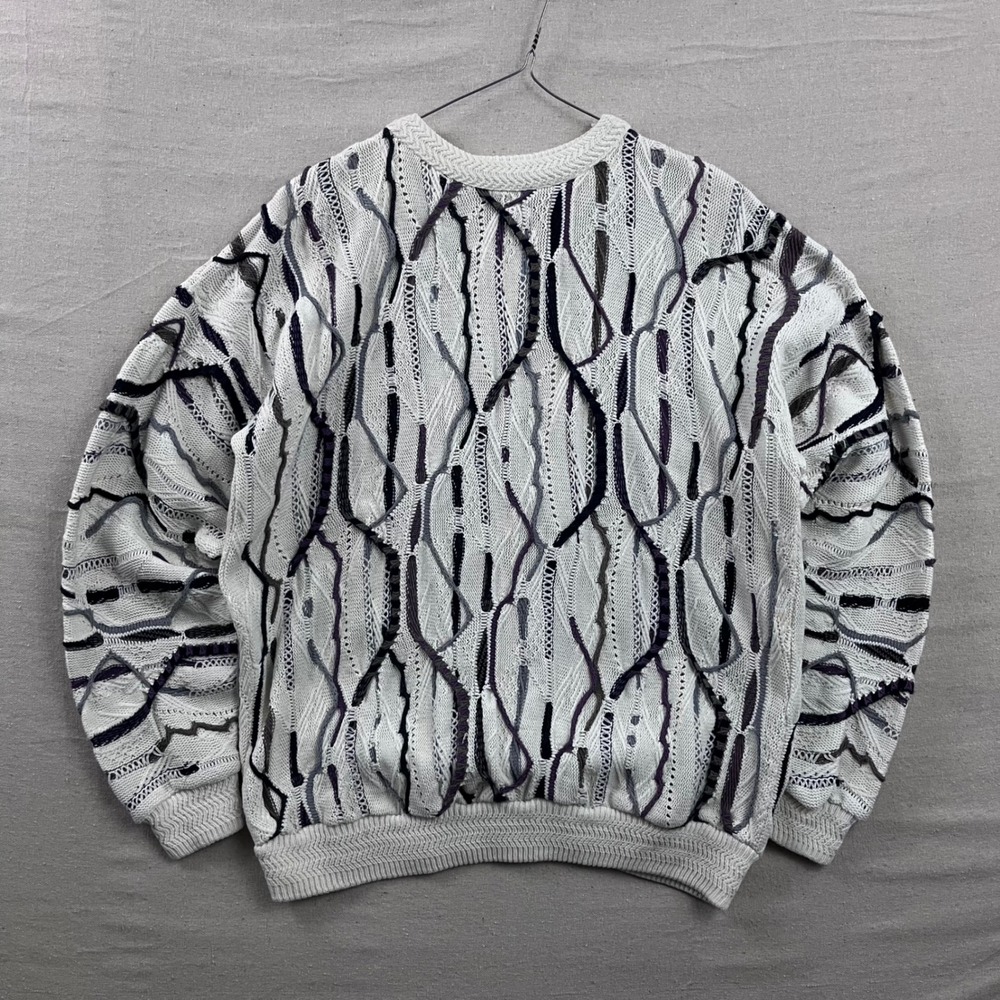 Alan Stuart 3D Textured Knit Sweater XL Cream Purple Abstract 90s Made In USA
